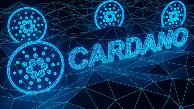 A stylized digital graphic featuring glowing blue circular icons with dot patterns arranged around the word "CARDANO" in a wireframe, geometric design against a dark polygonal background. The image visually represents the $ADA Cardano cryptocurrency being discussed in the post, which highlights ADA's 21% weekly gain and an approaching golden cross pattern.