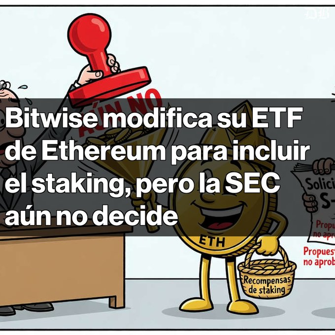 A cartoon illustration showing an anthropomorphized ETH coin holding 'Recompensas de staking' while a hand stamps 'NO' with text: 'Bitwise modifica su ETF de Ethereum para incluir el staking, pero la SEC aún no decide'.