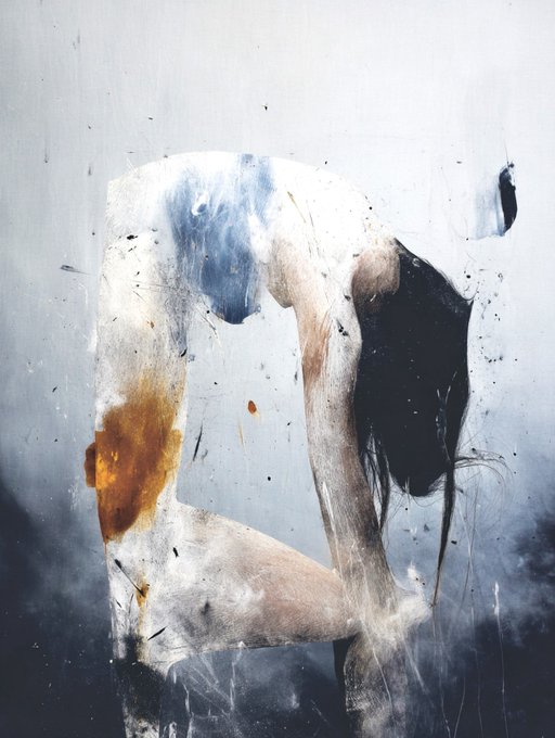 An abstract painting with a blue and gray color palette, featuring fluid, organic shapes and splatters that suggest a blurred figure.