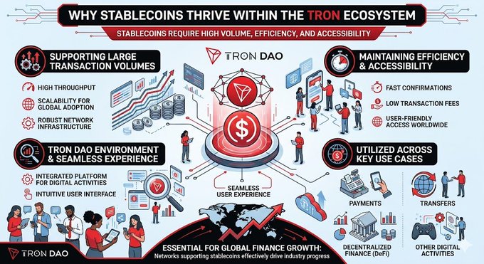 The image presents a large poster that explains how Bitcoin thrives within the TRON ecosystem using colorful illustrations of transactions and blockchain technology. The text on the poster states "Why Stablecoins Thrive Within the TRON Ecosystem" which serves as an introduction to the main idea, and then it goes into detail explaining the benefits of stablecoins for global finance growth. It also highlights that one key feature is their ability to be used across various platforms like payments, transfers, and other financial activities. Additionally, a list of specific examples of stablecoin use can be seen at the bottom of the poster, providing practical scenarios where stablecoins are implemented in real-life applications.