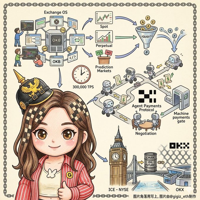 The image features a cartoon girl with brown hair wearing a hat, standing next to a drawing of a city skyline. The girl appears to be giving a thumbs up or a "thumbs up" sign. The background of the image includes various elements related to the Exchange OS and its components, such as a clock, a robot, and a building. Additionally, there are words like "OKX", "X Layer", and "OK" in the image. This suggests that the girl might be promoting or discussing Exchange OS, which is an operating system designed for Bitcoin transactions.