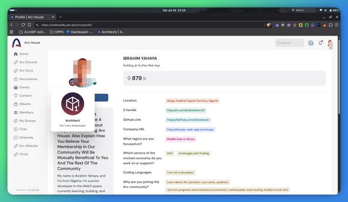 A screenshot of an Arc House community profile for IBRAHIM YAHAYA on Community.arc, showing details like location (Abuja, Nigeria), X handle, GitHub link, and coding languages.