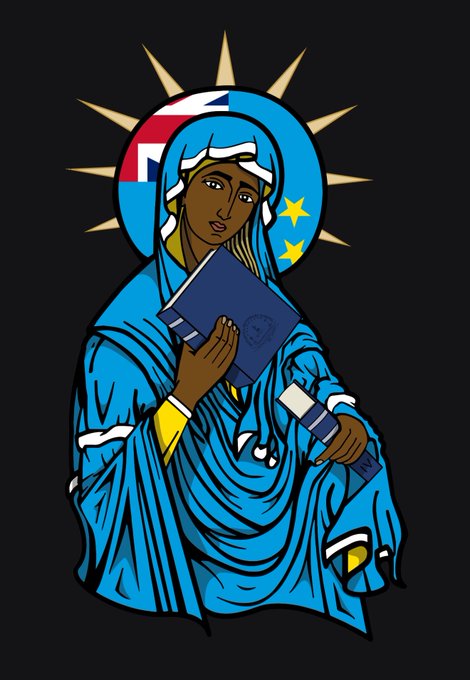 A stylized religious illustration of a saint-like figure in blue robes with a halo, holding a book, depicted against a black background with a circular design featuring stars reminiscent of the EU flag.