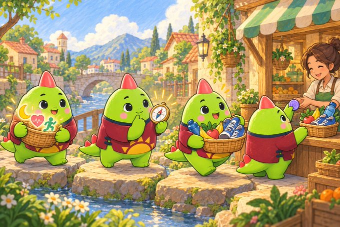 A colorful anime-style illustration of four cute green dinosaur-like creatures standing on stone steps near a market stall, one holding a compass and another offering sneakers to a smiling shopkeeper.