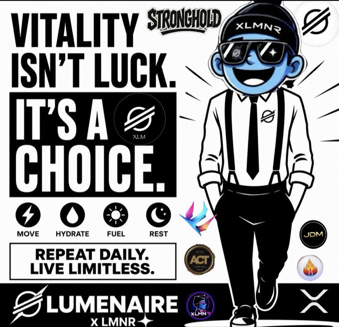 A promotional graphic for LUMENAIRE (xLMNR) featuring a blue cartoon mascot in a cap and sunglasses, with bold text declaring "VITALITY ISN'T LUCK. IT'S A CHOICE," alongside icons for Move, Hydrate, Fuel, and Rest, and various partnership logos including Stronghold, XLM, JDM, and ACT. The image visually reinforces the post's message about LUMENAIRE as a cultural movement on Stellar's infrastructure, highlighting its lifestyle branding and multi-asset LP strategy.