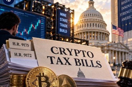 A composite image showing crypto tax bills (H.R. 9175, H.R. 9172) in front of the U.S. Capitol, with Bitcoin and Ethereum coins, crypto mining rigs displaying "MINE STAKE TRADE BUILD," and a stock chart.
