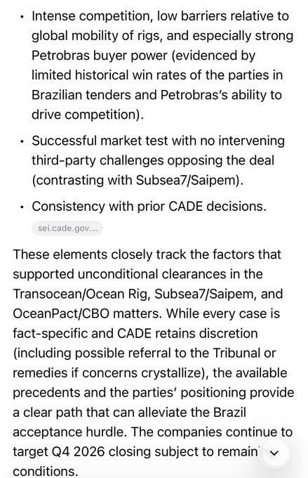 Text discussing Petrobras buyer power, Brazilian tenders, and CADE decisions, with a note about companies targeting 'Q4 2026 closing' from sei.cade.gov....