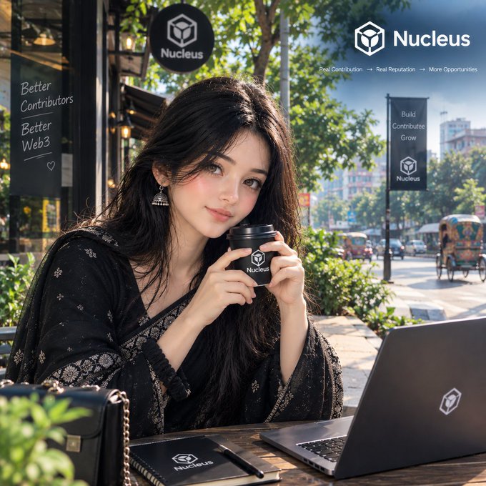 An AI-generated promotional image for Nucleus, featuring a young woman with long dark hair drinking from a coffee cup at an outdoor café, with Nucleus logos and the text 'Better Contributors, Better Web3' and 'Build Contribute Grow' visible.