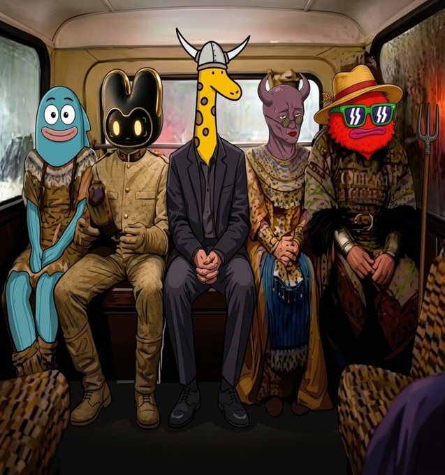A stylized illustration of five surreal characters sitting side-by-side in the back of a vehicle, including a blue blob, a black rabbit, a giraffe-headed man in a suit, a horned figure, and a red bearded man in a hat and sunglasses.
