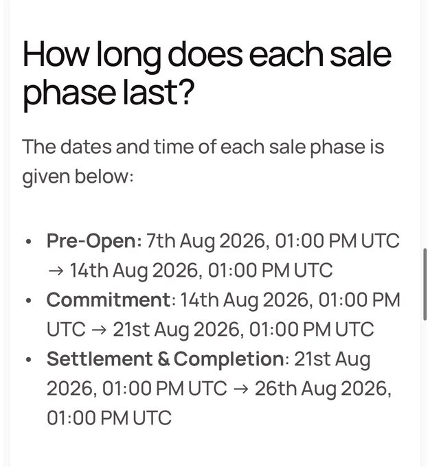 A FAQ section titled "How long does each sale phase last?" listing three phases: Pre-Open (7th-14th Aug 2026), Commitment (14th-21st Aug 2026), and Settlement & Completion (21st-26th Aug 2026), all at 01:00 PM UTC.