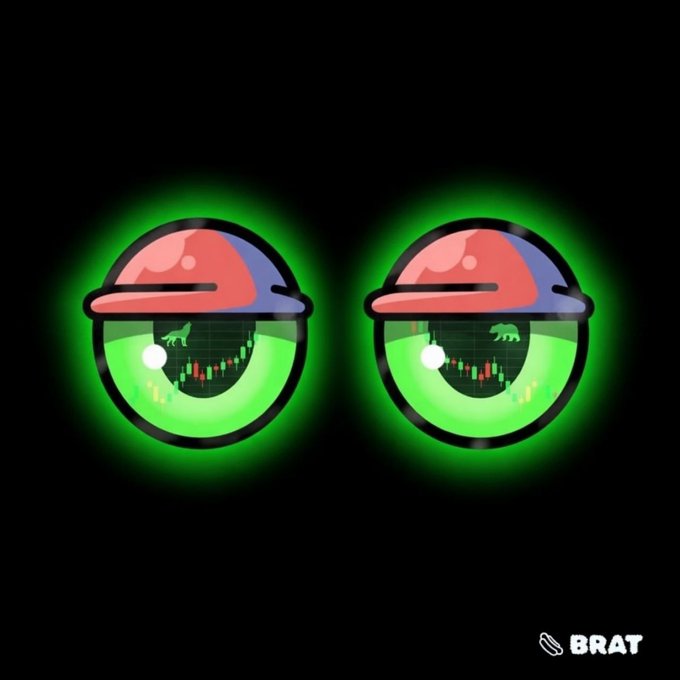 Two glowing green Poké Balls containing bull silhouettes and candlestick charts, with a 'BRAT' watermark logo in the bottom right.