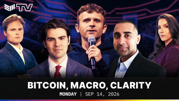 A promotional graphic for BMTV features five individuals against a blue digital background, with the text "BITCOIN, MACRO, CLARITY" and "MONDAY | SEP 14, 2026" displayed at the bottom, advertising the launch of the show's coverage on Bitcoin, macroeconomics, and the Clarity Act.