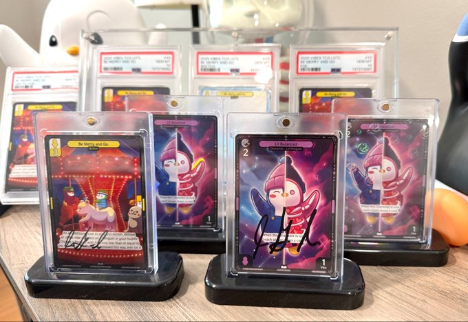 A collection of graded and autographed Disney Lorcana trading cards, including 'Be Our Guest' and 'Lil' Rascal' cards, displayed in protective slabs with PSA labels.