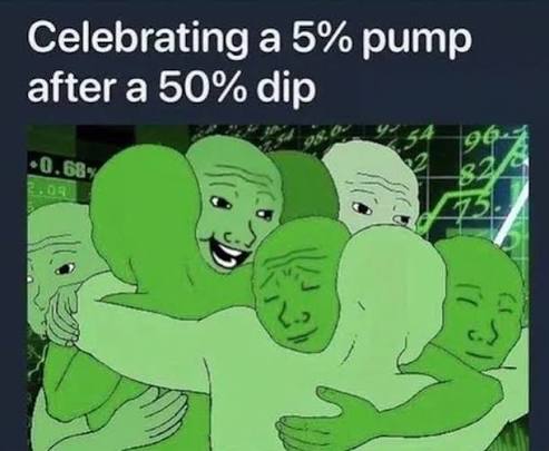 A meme featuring multiple green 'Happy' Wojak characters hugging with the caption 'Celebrating a 5% pump after a 50% dip' over a stock chart background.