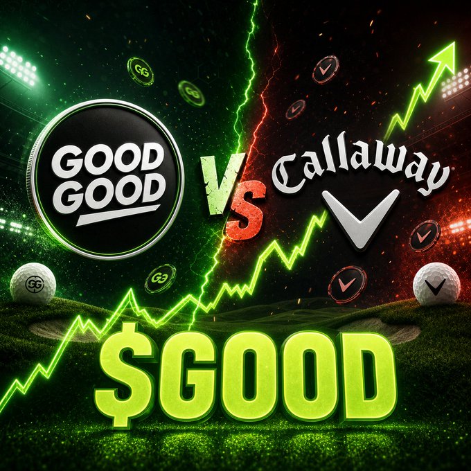 A promotional graphic for a 'GOOD GOOD VS Callaway' golf brand competition, featuring their logos, a lightning bolt, golf balls, and a green price chart trending upward with '$GOOD' displayed prominently.