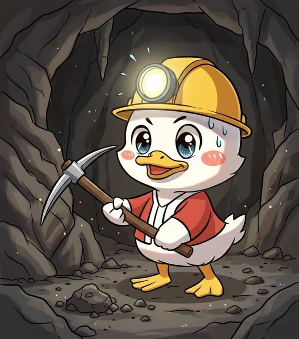 A cute chibi-style duck miner character wearing a yellow hard hat with a headlamp and red shirt, holding a pickaxe in a dark cave.