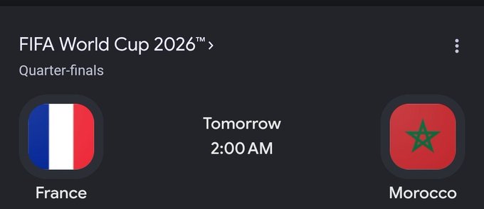 A sports app notification card showing a FIFA World Cup 2026 quarter-finals match between France and Morocco scheduled for Tomorrow at 2:00 AM.