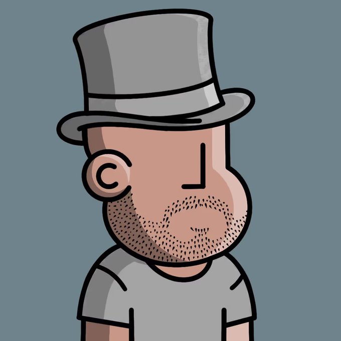A stylized 2D cartoon illustration of a man with stubble wearing a grey top hat and t-shirt, viewed in profile against a solid teal background.