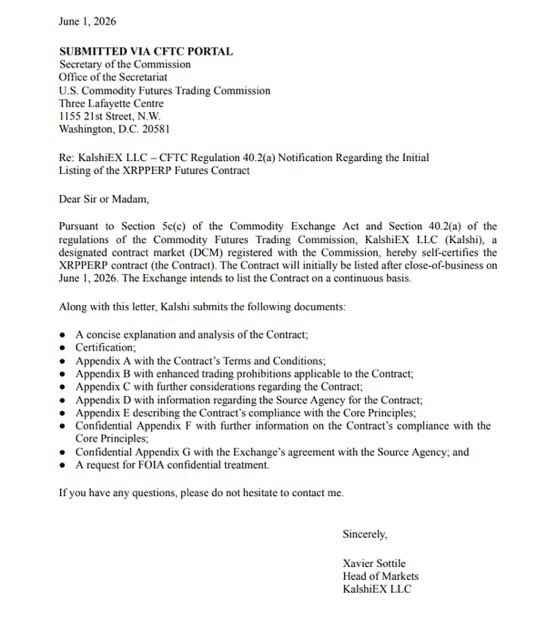 The image shows a letter written by someone named Kalshi, which has been posted on social media. It appears that Kalshi has filed a request with the CFTC for regulated financial products tied to $XRP. The letter contains information about the growth of these products and how they have become increasingly popular in recent years.