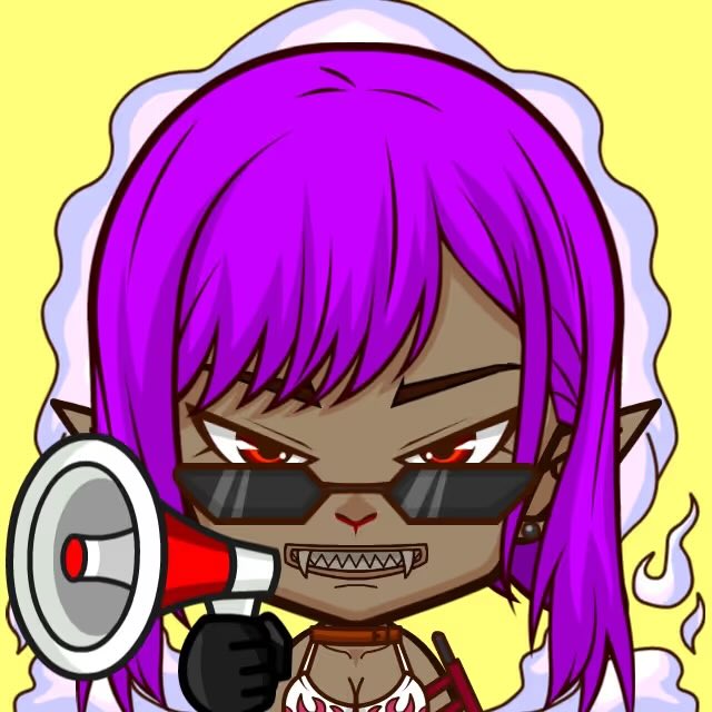 A digital chibi-style illustration of a character with purple hair, dark skin, sunglasses, fangs, and pointed ears, holding a red and white megaphone against a yellow background.
