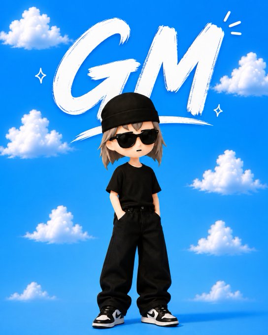 A chibi-style cartoon character in all-black streetwear (cap, sunglasses, tee, baggy pants, sneakers) stands against a bright blue sky with clouds, under a large "GM" brushstroke title — the perfect stylized visual response to the "GM CT" post asking to "get GM."
