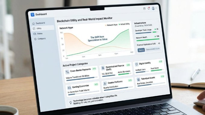 A laptop displaying a 'Blockchain Utility and Real-World Impact Monitor' dashboard showing network hype metrics, active project categories like Cross-Border Payments and Decentralized Finance, and infrastructure stats.