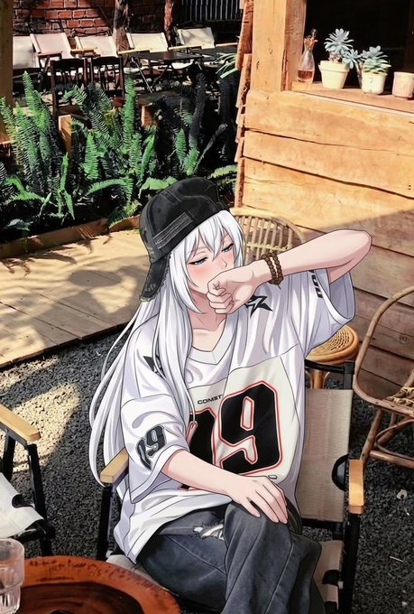 An anime-style illustration of a silver-haired girl wearing a black cap and a white jersey featuring '19', sitting at an outdoor café and covering her mouth with her hand.