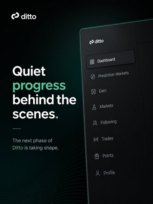 A promotional graphic for 'ditto' featuring the tagline 'Quiet progress behind the scenes' and 'The next phase of Ditto is taking shape,' alongside a dark UI menu listing Dashboard, Prediction Markets, Earn, Markets, Following, Trades, Points, and Profile.