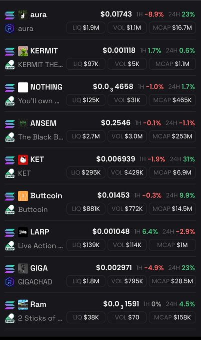 A crypto token listing screen showing prices, 1H and 24H percentage changes, liquidity (LIQ), volume (VOL), and market cap (MCAP) for tokens including aura ($0.01743), KERMIT ($0.00118), NOTHING ($0.04658), ANSEM ($0.2546), KET ($0.006939), Buttcoin ($0.01453), LARP ($0.001048), GIGA ($0.002971), and Ram ($0.01591).