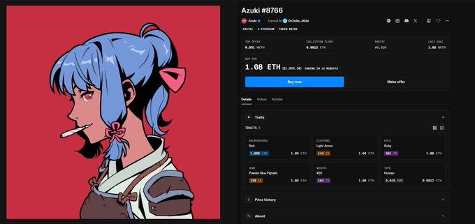 NFT marketplace listing for 'Azuki #8766' on Azuki, showing the anime character artwork on a red background with a buy-now price of 1.08 ETH.