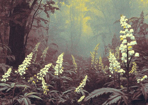 A vintage-toned, illustrated landscape shows a dense forest scene with tall trees. Clusters of glowing yellow flowers bloom among large green ferns in the foreground under a hazy, yellowish sky.