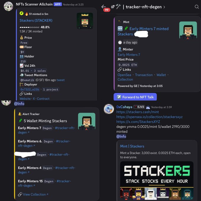 A Discord chat shows NFT scanners tracking the "Stackers (STACKER)" collection, noting 51 minted in 5 minutes with a 48.8% mint rate, 1.5K/3K minted, and a 0.0025 ETH mint price, while also highlighting "Early Minters 7" who minted and tweet references to the project. The image complements the post by showcasing the free, transparent alpha (mint alerts, pricing, and early wallet tracking) that the user is praising the scanner for providing to the community.