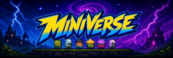 In this image, there's a banner featuring five cartoon characters from the game "Miniverse" sitting on a rock formation under a dark blue night sky with lightning bolts striking across the scene. The title of the game is prominently displayed at the top in bold yellow letters and is surrounded by smaller images of the characters below it. There are also text elements such as the word "MINIVERSE", which seems to be a brand name for this video game, and the phrase "The Chart looks healthy, interest is growing, and it still feels like the wider". The overall design suggests that the game has been well-received by its players, with their attention captured and positive feedback.