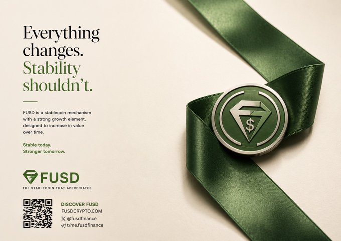 A promotional graphic for FUSD stablecoin features a sleek green ribbon and metallic emblem alongside the tagline "Everything changes. Stability shouldn't," describing FUSD as a value-increasing stablecoin mechanism.

The image reinforces the post's message by visually emphasizing FUSD as a crypto asset designed for holding and growing in value, rather than merely transacting—aligning with the theme of keeping money rather than just moving it.