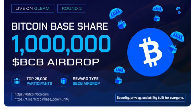 A promotional graphic for a 'BITCOIN BASE SHARE' airdrop of 1,000,000 $BCB tokens, live on Gleam Round 2, with links to bitcoinbcb.com.