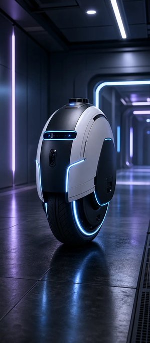 A futuristic single-wheeled vehicle with glowing neon accents parked in a sleek, neon-lit corridor.