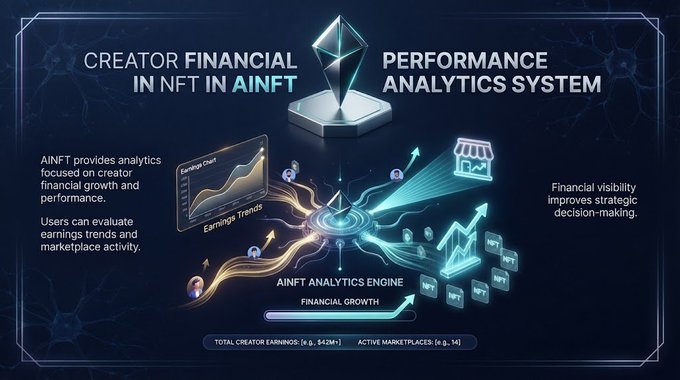 An infographic titled 'CREATOR FINANCIAL IN NFT IN AINFT' showing a performance analytics system with an earnings chart and marketplace data ($424M total creator earnings, 14 active marketplaces).