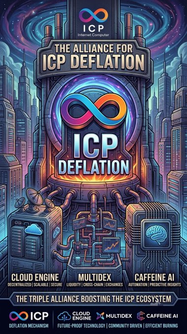 A vibrant sci-fi poster titled "THE ALLIANCE FOR ICP DEFLATION" showcases the ICP (Internet Computer) infinity logo surrounded by futuristic machinery, with labels promoting "Cloud Engine" (decentralized, scalable, secure), "Multidex" (liquidity, cross-chain, exchanges), and "Caffeine AI" (automation, predictive insights) as "THE TRIPLE ALLIANCE BOOSTING THE ICP ECOSYSTEM."

The image visually reinforces the post's message about impending ICP token burns: just as the poster depicts a fiery deflation mechanism fueled by Cloud Engine's compute demands alongside Multidex and Caffeine AI, the caption highlights that users must pay cycles on top of Cloud Engine's monthly fees, which—scaled across demand—will drive significant token destruction ("super burn") for #ICP.