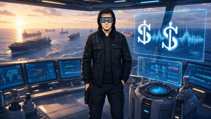 A stylized illustration depicts a man wearing VR goggles and a black hoodie standing in a futuristic control room overlooking an ocean of ships, with floating screens displaying dollar signs and audio waveforms.