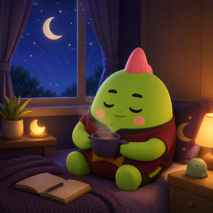 A 3D-rendered illustration of a cute green cartoon monster with pink cheeks and a small horn, sitting on a bed at night holding a steaming cup, with a crescent moon visible through the window.
