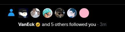 A social media notification showing 'VanEck and 5 others followed you' with profile pictures, dated 3 minutes ago.
