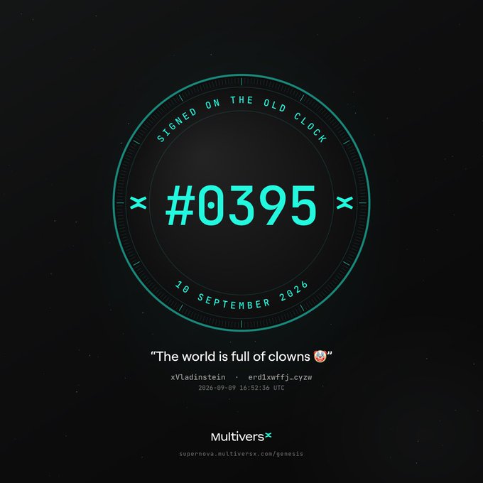 A digital graphic on a dark background displaying '#0395' inside a teal circular badge reading 'SIGNED ON THE OLD CLOCK' and '10 SEPTEMBER 2026', with the quote 'The world is full of clowns 🤡' and text referencing 'Multivers' below.