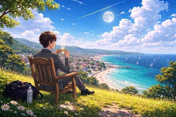 A lone traveler in a suit sits on a wooden chair atop a scenic hillside, drinking coffee and overlooking a coastal town, beach, and moonlit sea. The image's peaceful, forward-looking atmosphere evokes the post's focus on building a sustainable ecosystem driven by community participation rather than short-term metrics.