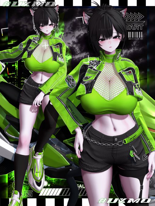 The image features an anime-style character with cat ears in a neon green and black racing-inspired outfit, posed in front of a green motorcycle. Text overlays include "START," "CHAOS DRIFT," "#UXMO," and "READY TO DRIFT," tying the post's "#UXMO" hashtag to the racing/drifting theme.
