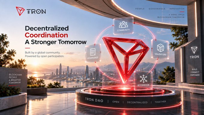A promotional graphic for TRON blockchain features the text 'Decentralized Coordination, A Stronger Tomorrow' alongside a glowing red 3D logo surrounded by icons for Community, Governance, Validators, and Ecosystem.