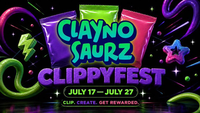A vibrant promotional graphic for "CLAYNOSAURZ CLIPPYFEST" featuring colorful slime-like packaging and 3D shapes, with the event dates "JULY 17 — JULY 27" and tagline "CLIP. CREATE. GET REWARDED." displayed against a neon, space-themed background. The post explains that this festival invites Abstract community members to participate in Claynosaurz's new release excitement, with bonus Clippy Badges available through the Portal.