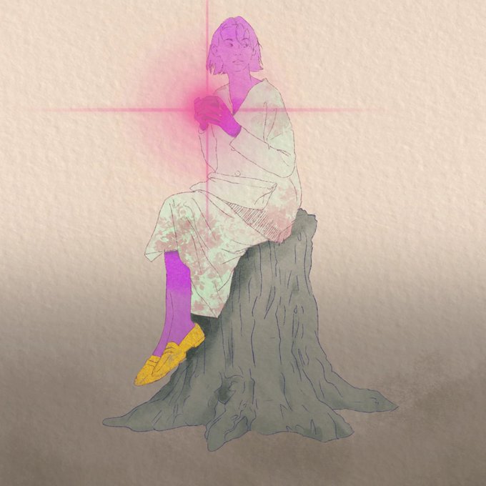 An artistic line drawing of a woman sitting on a tree stump, holding a glowing pink object; her skin is filled with purple and pink hues, and she wears bright yellow shoes.