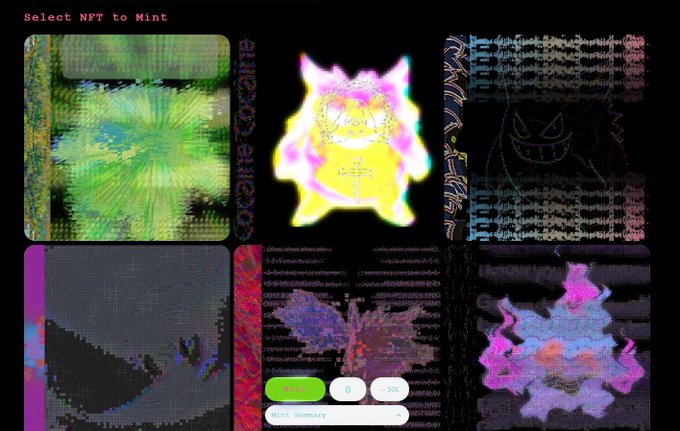 A dark-themed 'Select NFT to Mint' webpage displaying a grid of glitchy, stylized NFT artworks including character portraits and abstract designs with a 'Mint' button.
