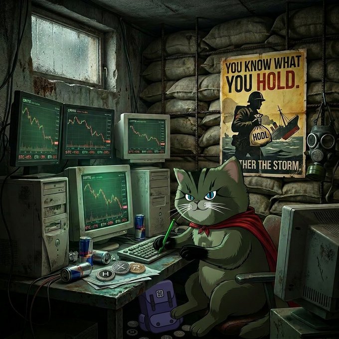 An illustrated scene of an angry gray cat wearing a red cape sitting at a desk with multiple monitors showing declining crypto charts, with a poster reading 'YOU KNOW WHAT YOU HOLD. HODL WEATHER THE STORM' in the background.