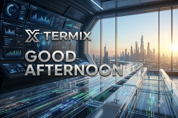 A futuristic sci-fi control room with digital displays and cityscape windows features the text 'X TERMIX GOOD AFTERNOON'.